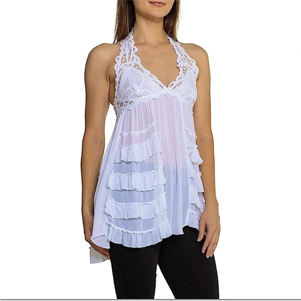 Free People One *Adella* White Lace Tiered Ruffle Halter Slip. NWT. Medium - Picture 5 of 7